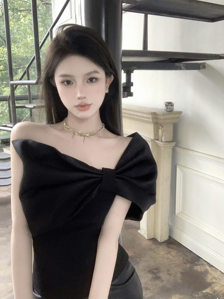 FRENCH HIGH-END SWEET BOW ONE-SHOULDER SHIRT WOMENS SUMMER SLIM SLIM SEXY SHORT TEMPERAMENT TOP