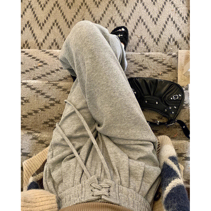 FASHIONABLE DESIGN: DRAWSTRING TIE SPORTS WIDE-LEG PANTS WOMENS AUTUMN AND WINTER HIGH-WAISTED SLIM CASUAL AND VERSATILE MOPPING LONG PANTS