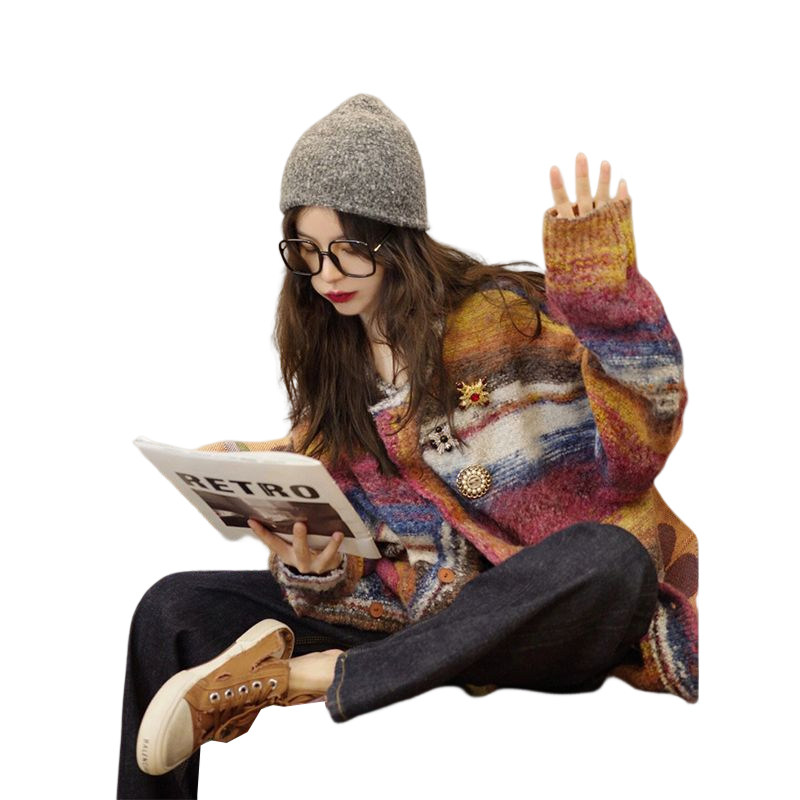 VINTAGE HIGH-END TIE-DYE STRIPED LONG-SLEEVED SWEATER JACKET WOMENS WINTER LOOSE LOOK THIN AND LANGUID CARDIGAN TOP TRENDY