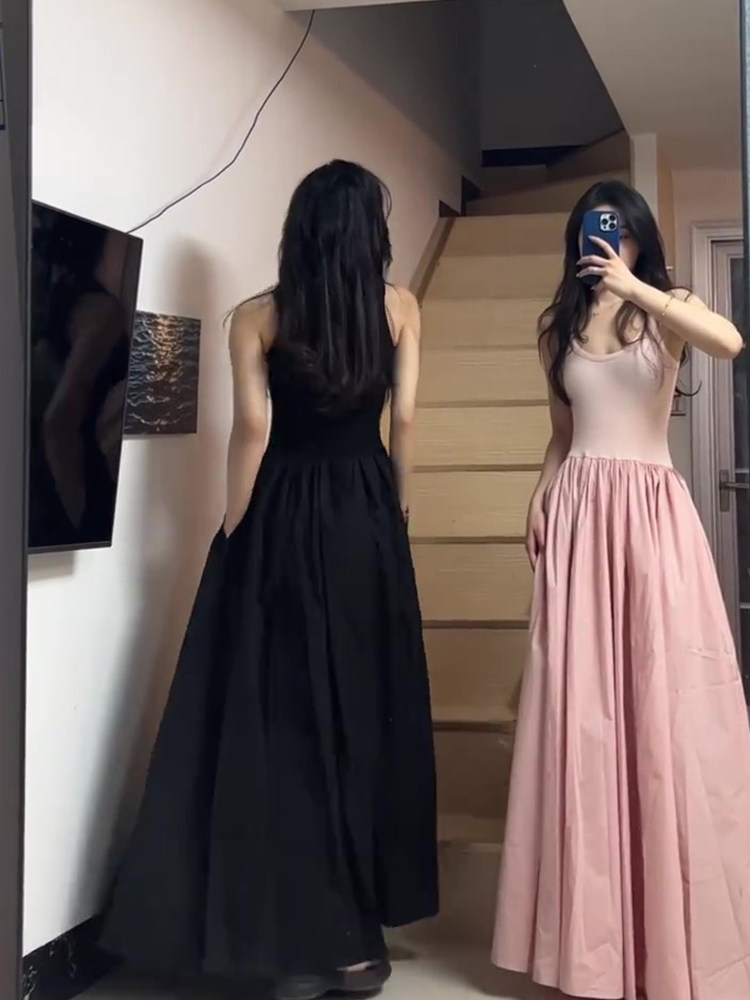 FRENCH SEXY BABES PATCHWORK VEST DRESS WOMENS SUMMER WAIST THIN WAIST THIN HIGH-END CASUAL TEMPERAMENT LONG SKIRT