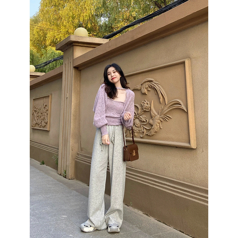 KOREAN VERSION OF FASHIONABLE CASUAL SOFT AND GLUTINOUS SHORT LONG-SLEEVED BLOUSE WOMENS AUTUMN SLIM THIN FOREIGN VERSATILE SUSPENDER TWO-PIECE SET