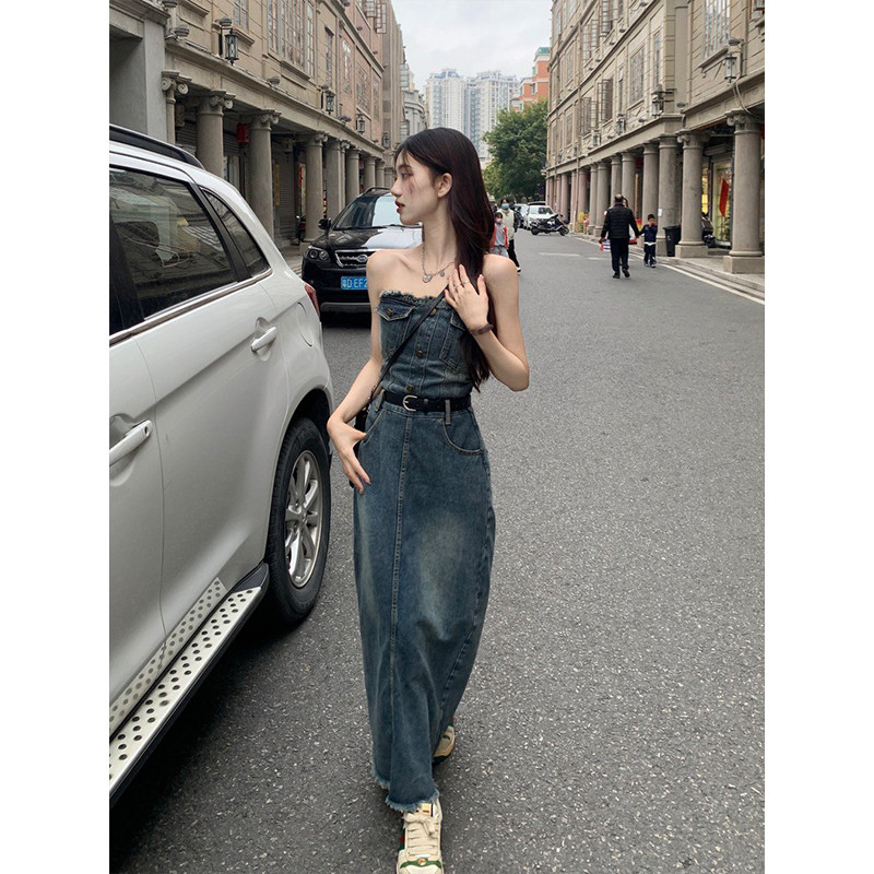 RETRO SENSE OF LUXURY SMALL MAN TASSEL RAW EDGE DENIM DRESS WOMENS SUMMER WAIST CINCHED THIN BANDEAU A-LINE LONG SKIRT