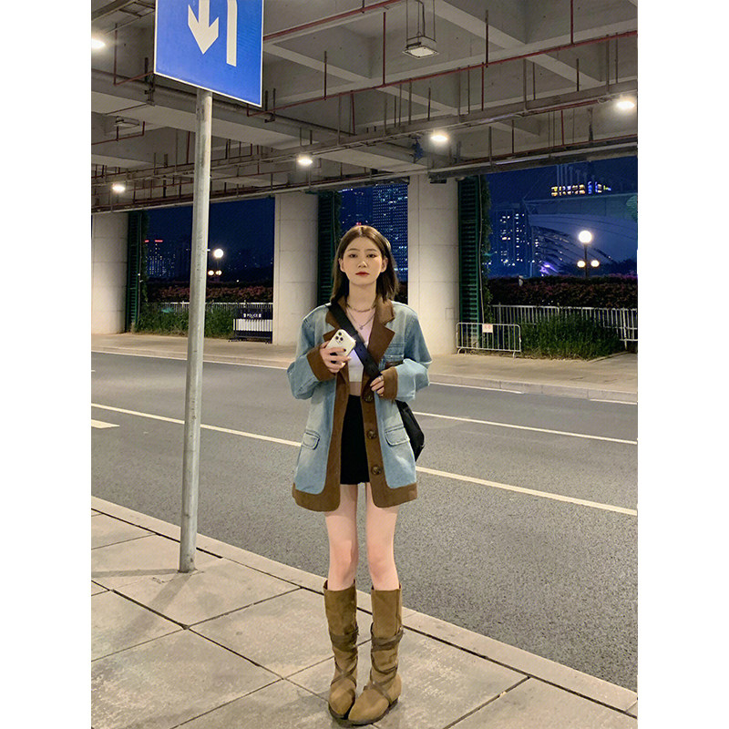 AMERICAN RETRO PATCHWORK BLAZER WOMENS AUTUMN AND WINTER LOOSE AND THIN FASHIONABLE AND VERSATILE MIDI CARDIGAN TOP