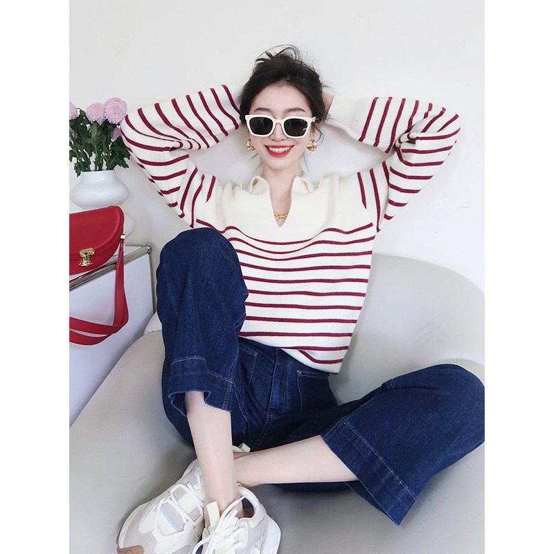 KOREAN VERSION OF THE DESIGN SENSE RED STRIPE POLO NECK LONG-SLEEVED KNITTED SWEATER WOMENS AUTUMN AND WINTER LOOSE THIN SOFT GLUTINOUS PULLOVER TOP
