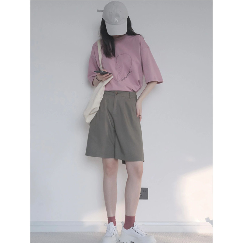 KOREAN VERSION CHIC EMBROIDERY LOVE HEART SHORT SLEEVE T-SHIRT WOMENS SUMMER LOOSE CASUAL ROUND NECK FASHION VERSATILE MIDI TOP TIDE