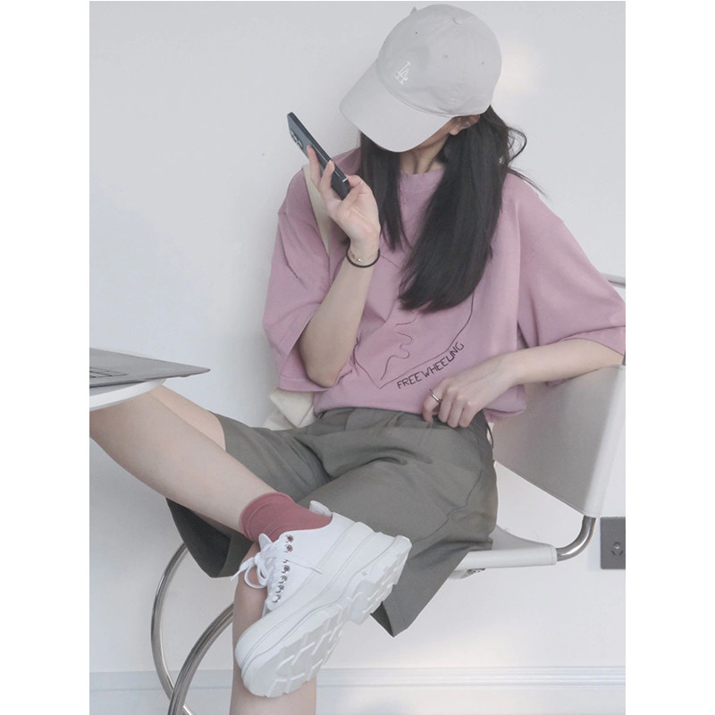 KOREAN VERSION CHIC EMBROIDERY LOVE HEART SHORT SLEEVE T-SHIRT WOMENS SUMMER LOOSE CASUAL ROUND NECK FASHION VERSATILE MIDI TOP TIDE
