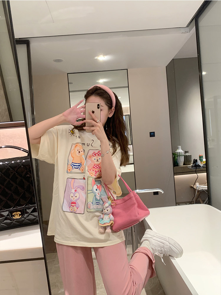 KOREAN VERSION OF THE DESIGN SENSE OF FUN CARTOON PRINT SHORT-SLEEVED T-SHIRT WOMENS SUMMER LOOSE THIN SWEET FOREIGN AGE-REDUCING TOP