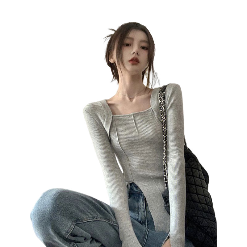 FASHIONABLE DESIGN HEM SLIT LONG-SLEEVED SQUARE-NECKED KNITWEAR WOMENS AUTUMN AND WINTER SLIM AND THIN NICHE AND VERSATILE TOPS TRENDY