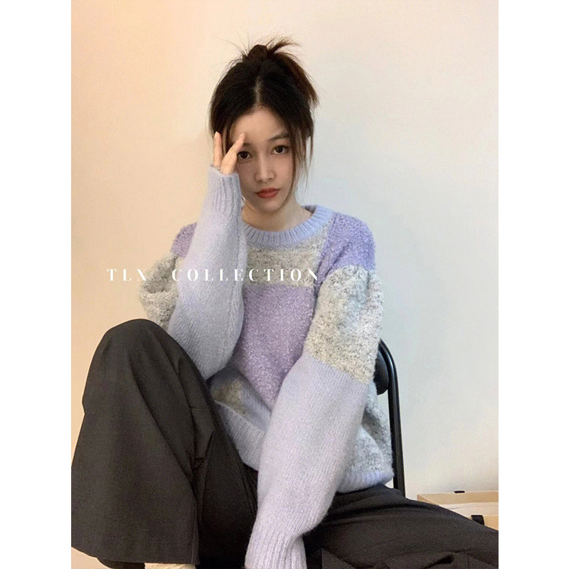 KOREAN VERSION OF THE DESIGN SENSE CONTRAST PLAID LONG-SLEEVED KNITTED SWEATER WOMENS WINTER LOOSE AND THIN FASHIONABLE AND VERSATILE PULLOVER TOP