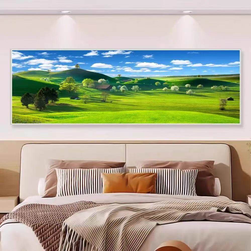 自粘装饰田园风光装饰画客厅卧室无框喷绘贴画绿色山川风景画
