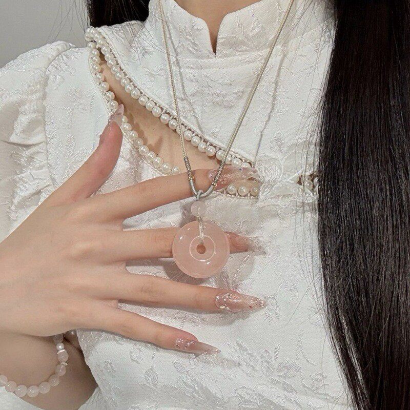 2026天然粉水晶水晶石平安扣项链女款时尚百搭吊坠女友闺蜜生日礼