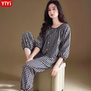 夏季 纯棉格子套装 睡衣女士七分袖 开衫 休闲家居服 九分裤 2025年新款