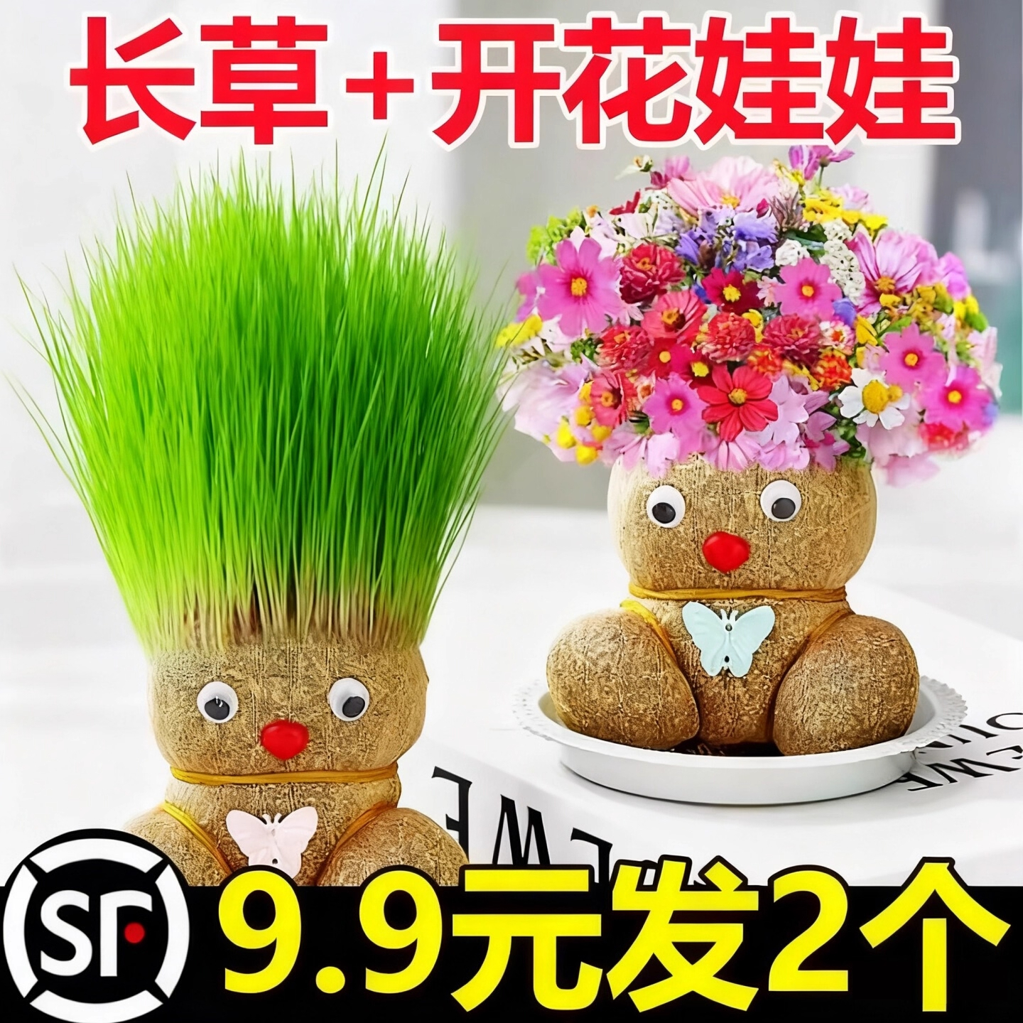 草头娃娃头上长草人小盆栽种植浇