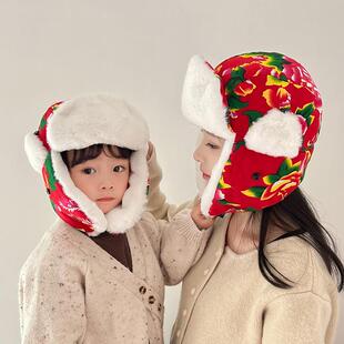 大花儿童帽子冬季东北男女童护耳雷锋帽民族风加绒加厚亲子防寒帽