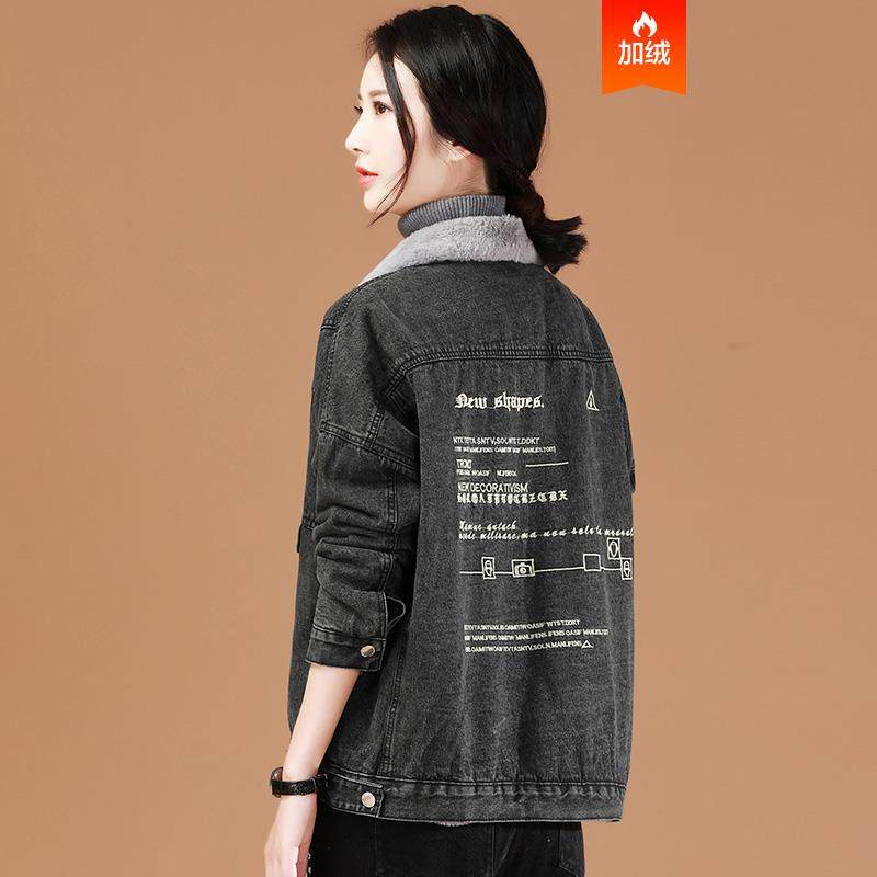 歌香诺刺绣牛仔短冬装女外套2020宽松加绒加厚新款夹克棒球服潮