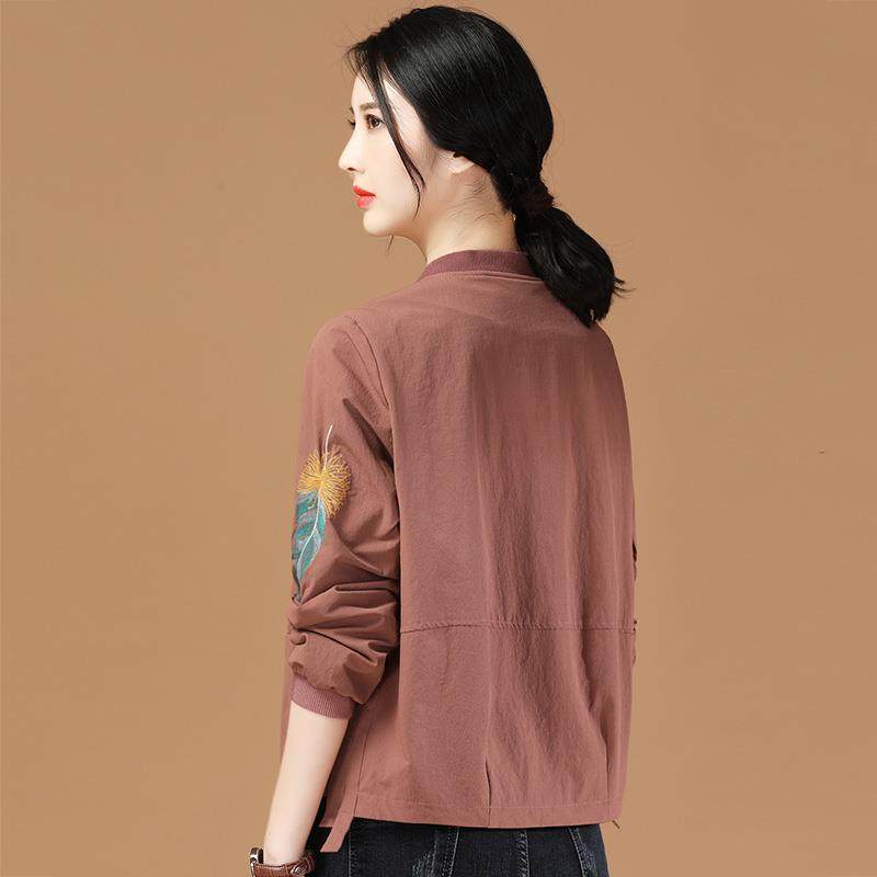 歌香诺休闲风衣复古立领刺绣短外套女2020秋新款宽松韩版棒球服