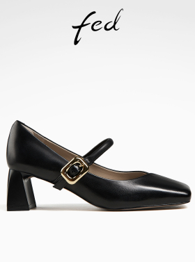 fed方头单鞋春季新款女鞋职业通勤鞋粗跟玛丽珍鞋女款D0306-ZF066