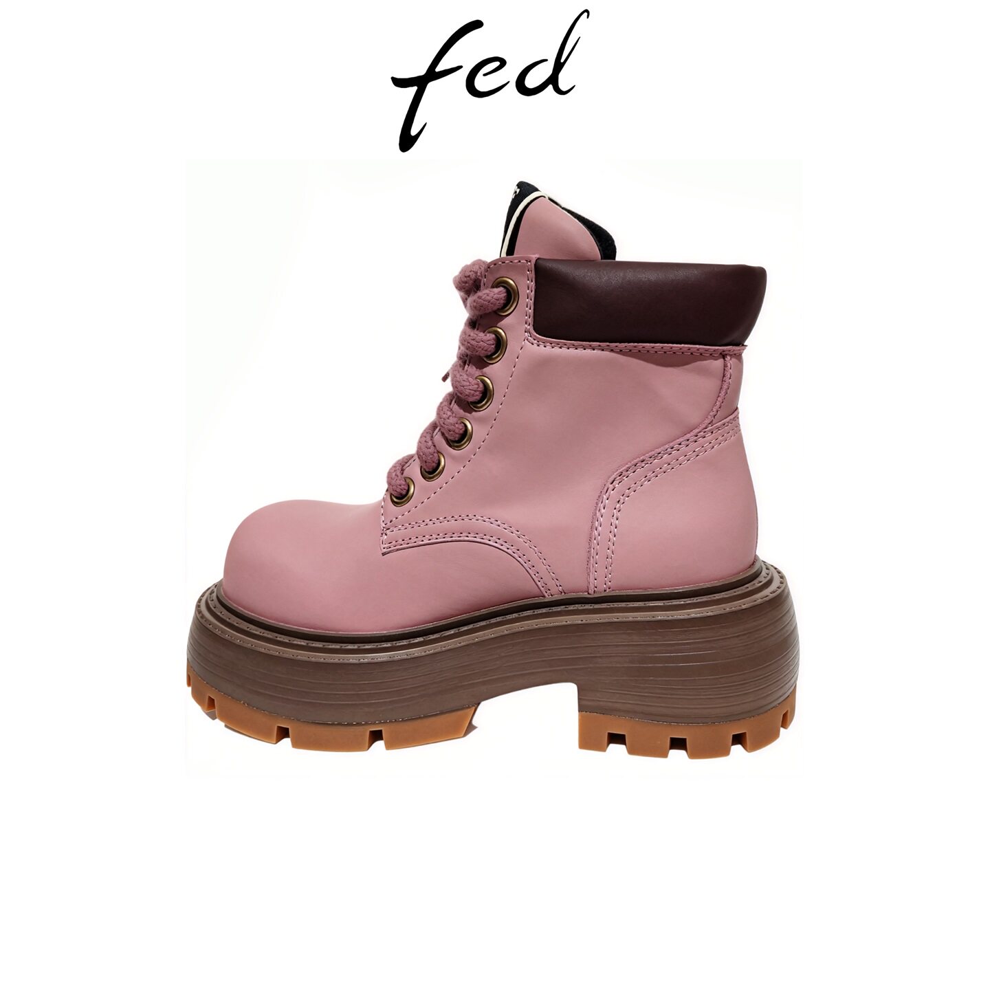 fed粉色厚底马丁靴女撞色鞋