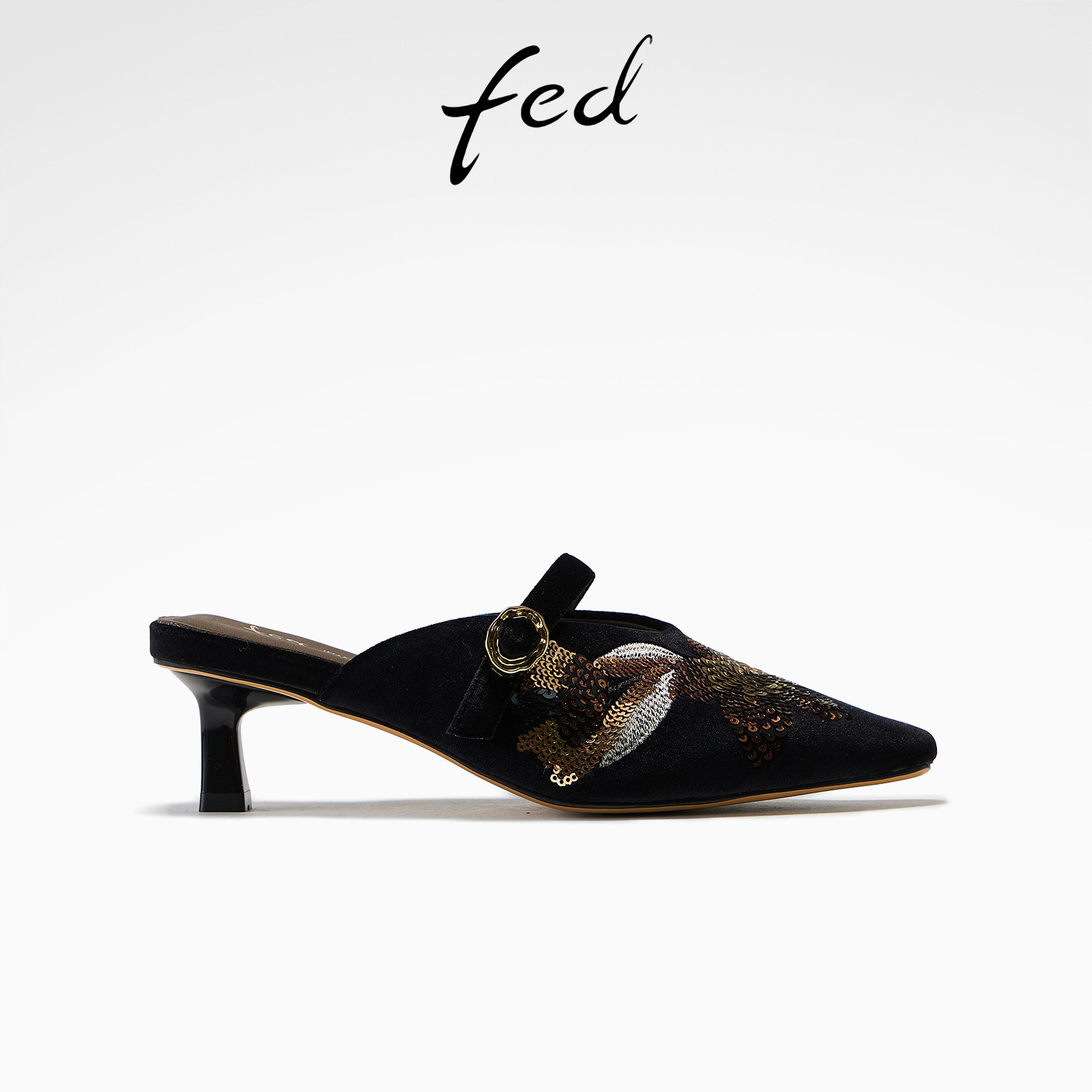 fed黑色细跟一脚蹬穆勒鞋夏季新款女鞋外出透气包头半拖女款ZC322