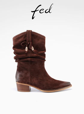 fed粗跟西部靴冬季新款女靴尖头时装靴复古堆堆靴女款S0930-YA089