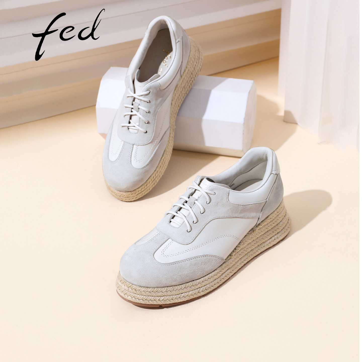 fed真皮坡跟增高绒面德训女鞋