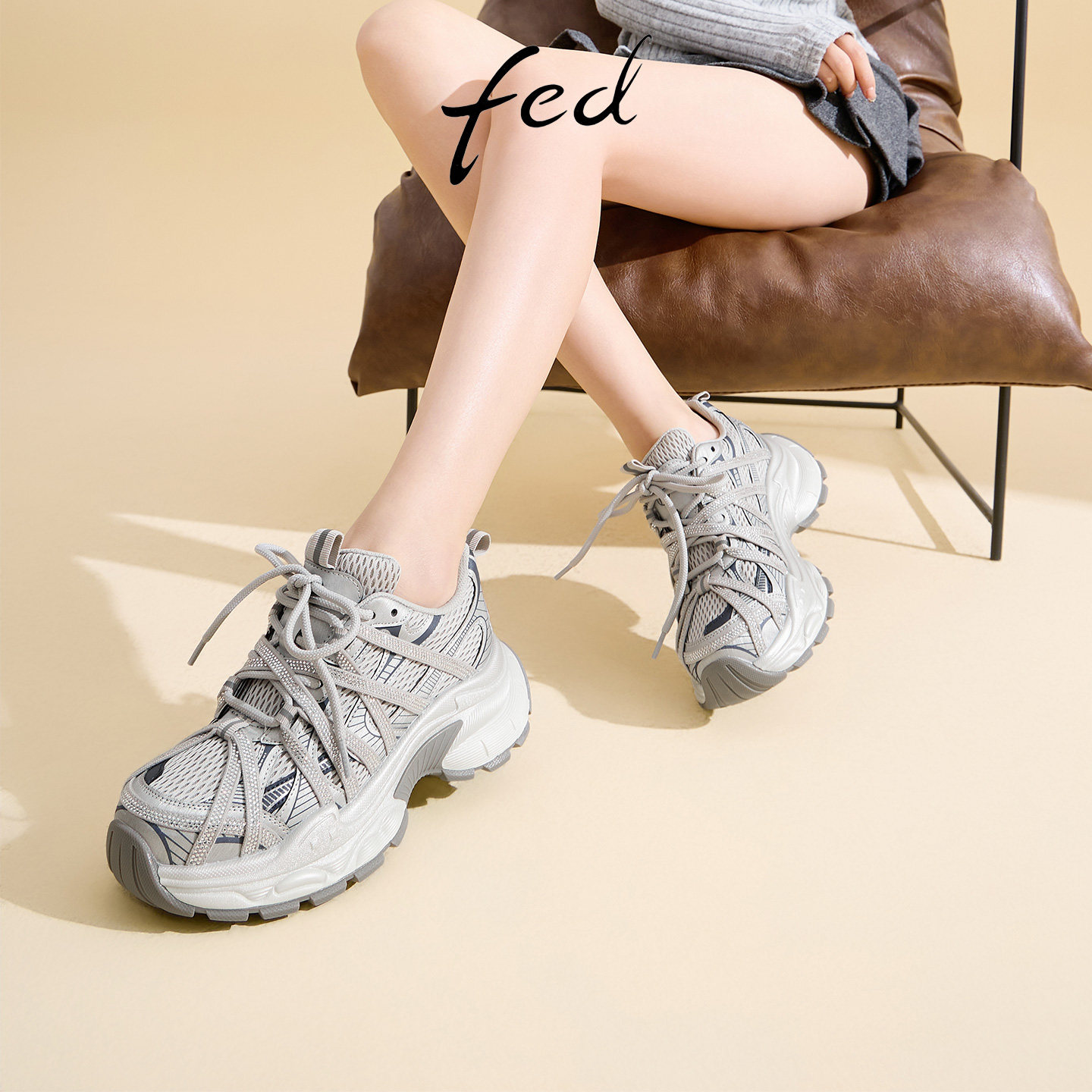 fed厚底增高网面透气老爹鞋女2026春夏新款小个子运动户外休闲鞋