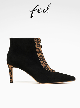fed豹纹时装靴冬季新款女靴高跟短靴绒面瘦瘦靴女款D1021-YAB961