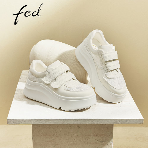 fed厚底鞋蕾丝网面透气小白鞋女