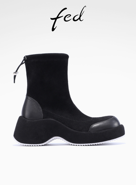 fed粗跟短靴冬季新款女靴厚底黑色袜靴绒面瘦瘦靴女款S0916-YA995