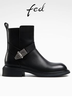 fed西部牛仔靴女冬季新款靴子粗跟时装靴真皮短靴女款R0927-ZC266