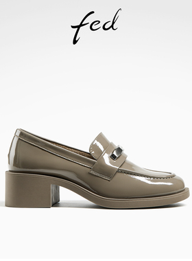 fed粗跟乐福鞋春季新款女鞋增高单鞋杏色小皮鞋女D0302-YAC601