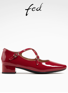 fed红色玛丽珍鞋春季新款女鞋交叉绑带单鞋通勤鞋女款D0401-CA002