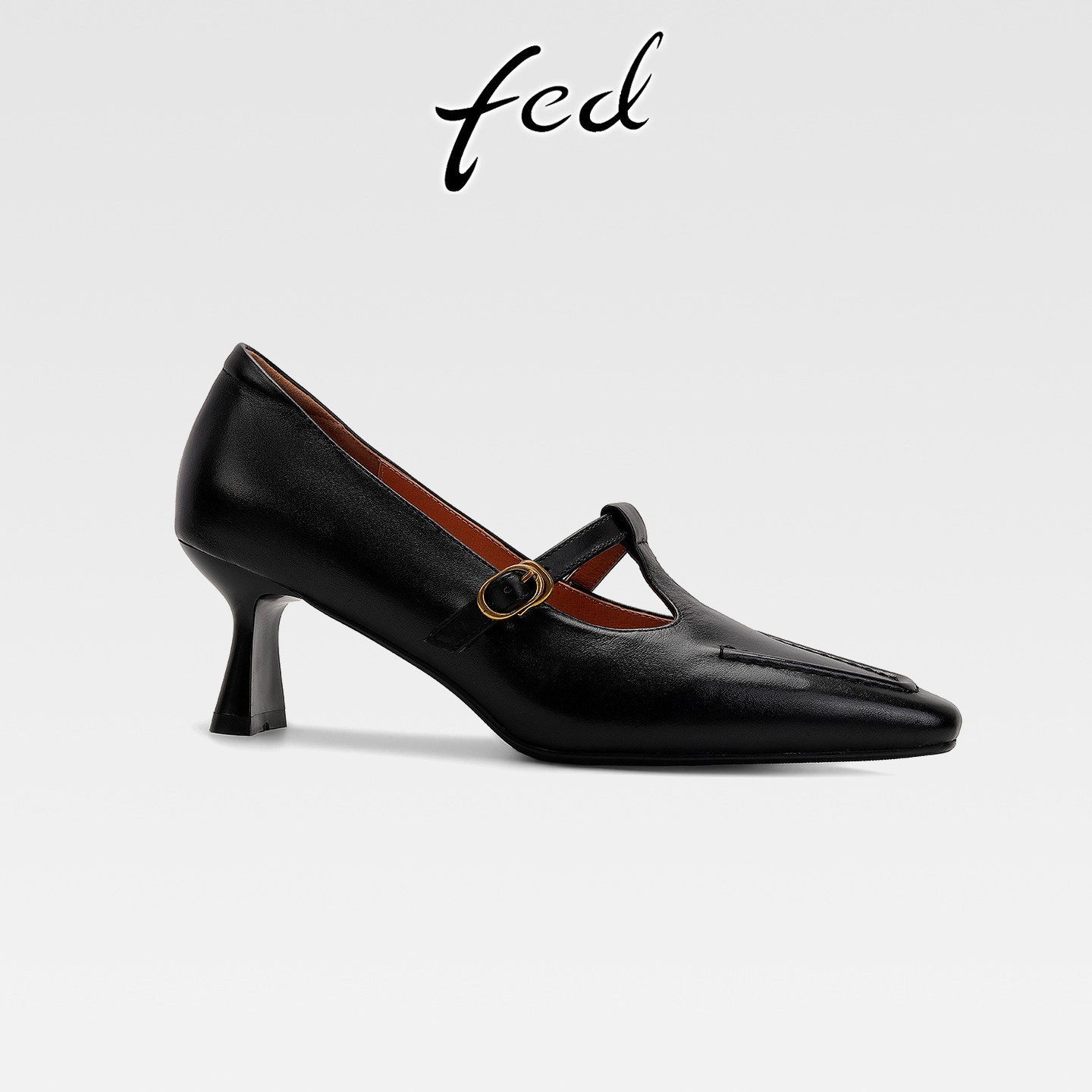 fed法式复古真皮粗跟通勤单鞋女丁字扣气质方头浅口高跟玛丽珍鞋