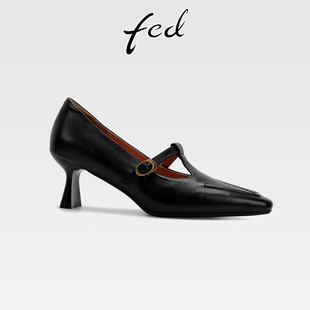 fed法式复古真皮粗跟通勤单鞋女丁字扣气质方头浅口高跟玛丽珍鞋