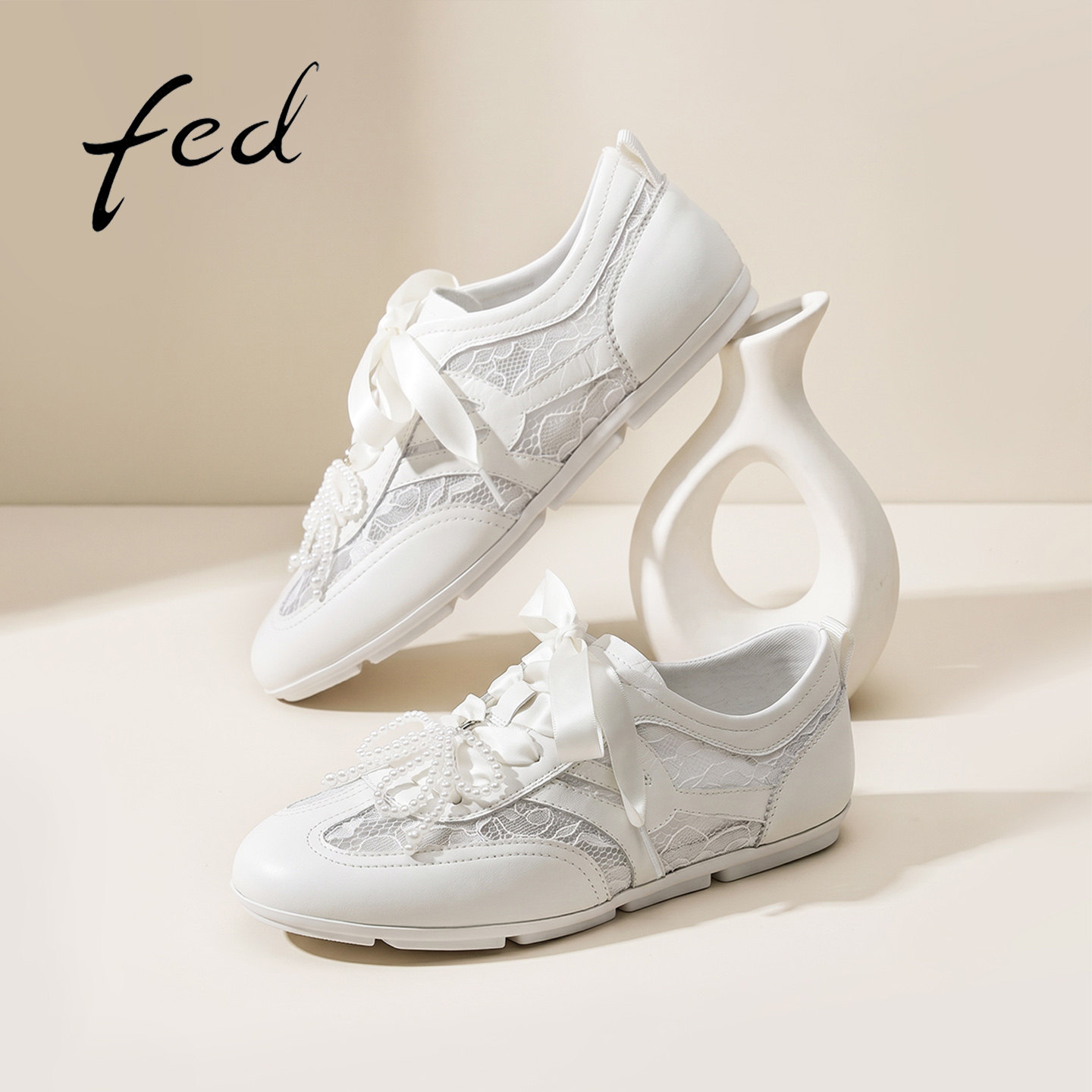 fed白色网面德训鞋平底女秋季