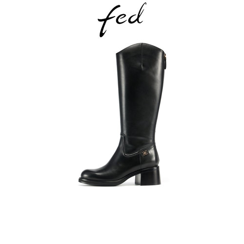 fed黑色粗跟高筒骑士靴女圆头