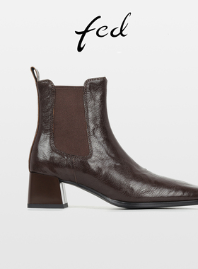 fed法式复古羊皮粗跟切尔西靴女秋冬新款气质方头高跟瘦瘦小短靴