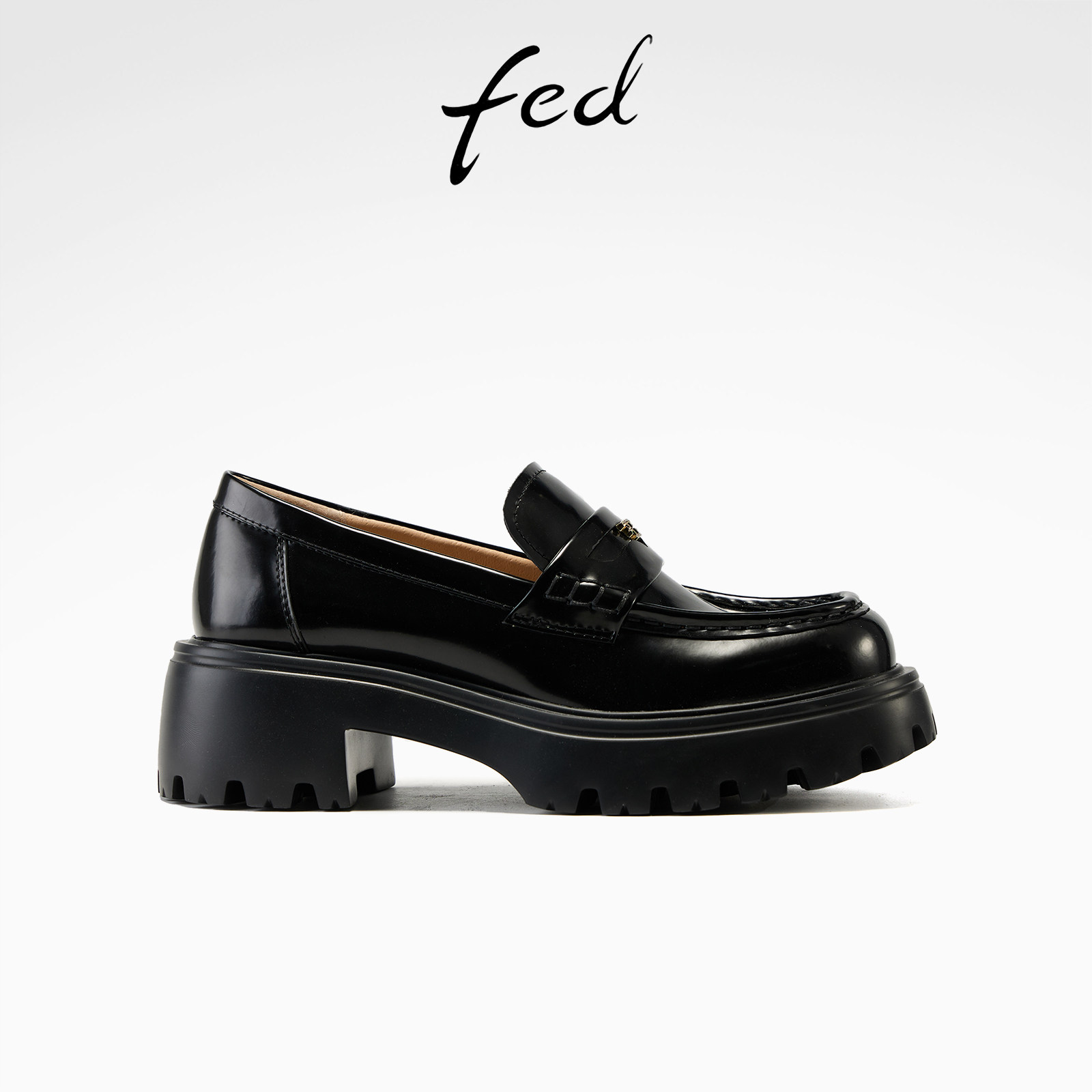 fed黑色小皮鞋女春季新款女鞋黑光踏印单鞋厚底乐福鞋女款YAB130