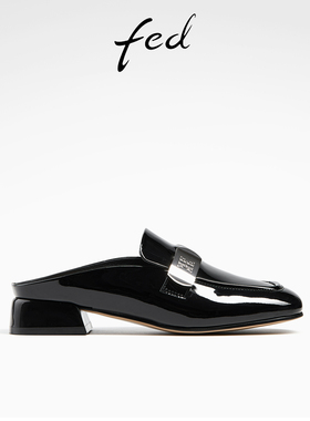 fed方头穆勒鞋夏季新款女鞋真皮粗跟单鞋黑色半拖鞋女D0401-ZC372