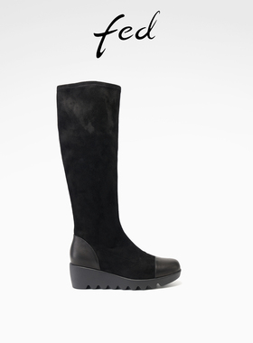 fed厚底长靴女冬季新款女靴高筒弹力靴拼接时装靴女款S1201-YA010