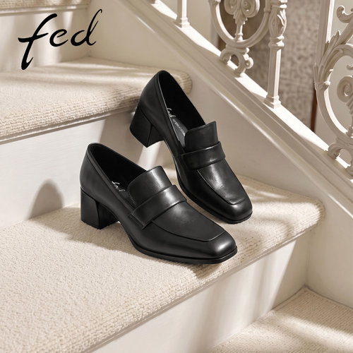 fed黑色方头粗跟乐福鞋女真皮