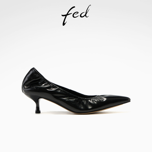 fed墨褶长行单鞋春季新款女鞋黑色高跟鞋气质尖头真皮鞋女款YA153