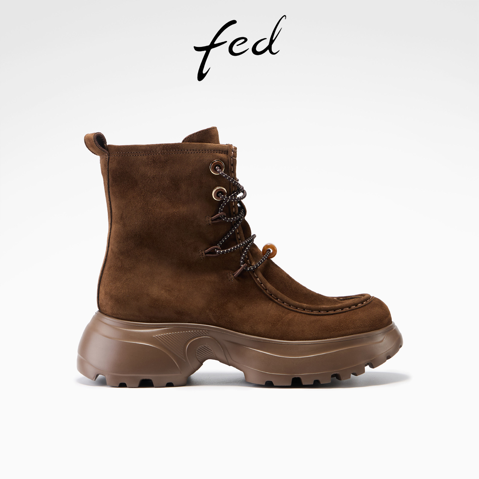 fed深棕绒面马丁靴女圆头