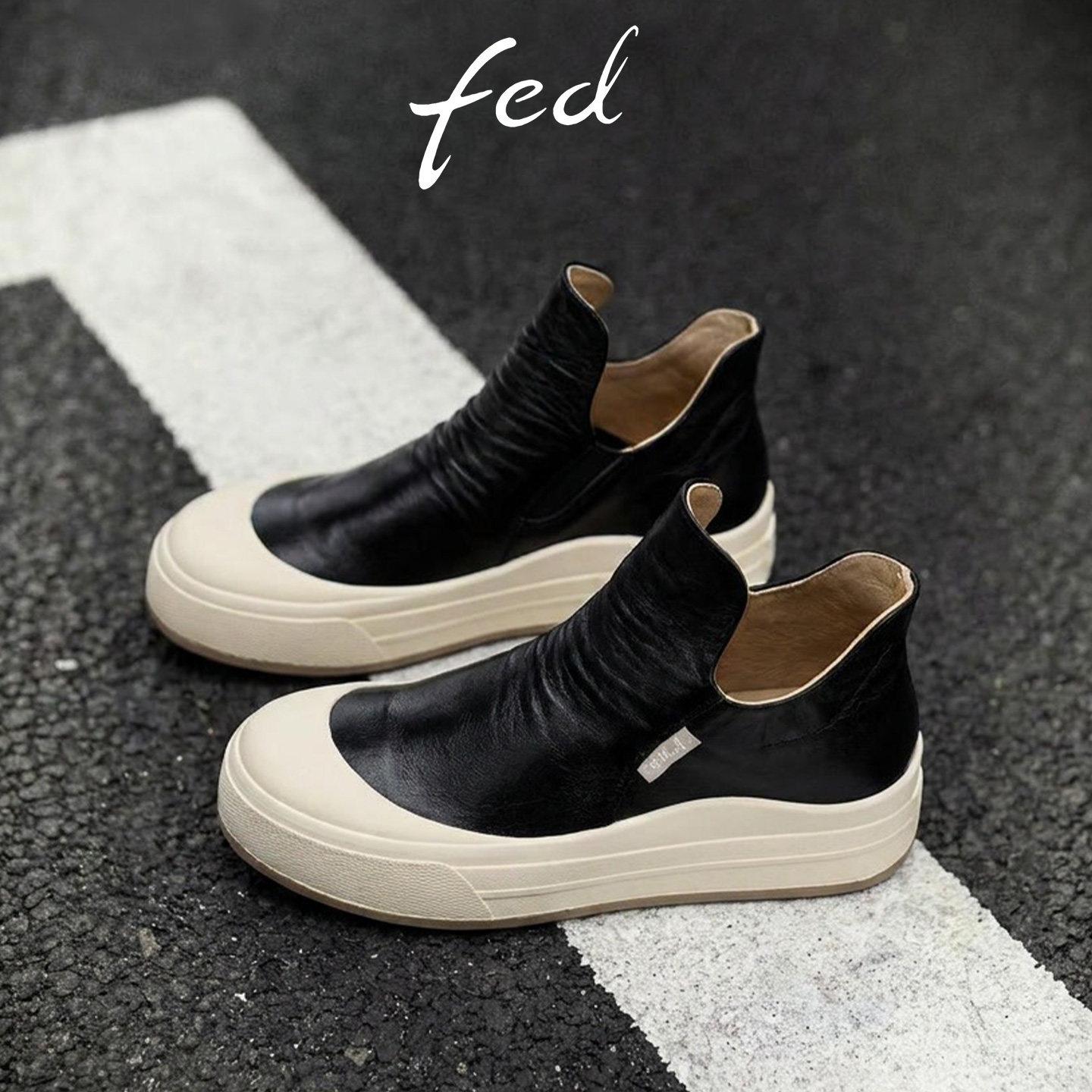 Fed真皮高帮休闲女鞋一脚蹬板鞋