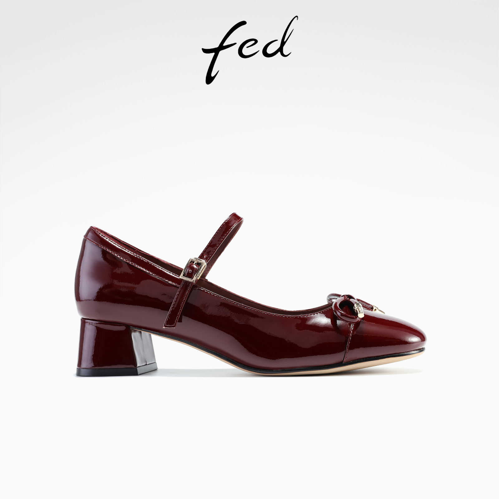fed酒红色玛丽珍鞋春季新款女鞋粗跟小皮鞋真皮单鞋S1118-YAB961