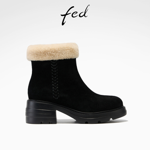 靴女S1201 女靴毛毛短靴加绒保暖时装 CAB017 新款 fed黑色棉靴冬季