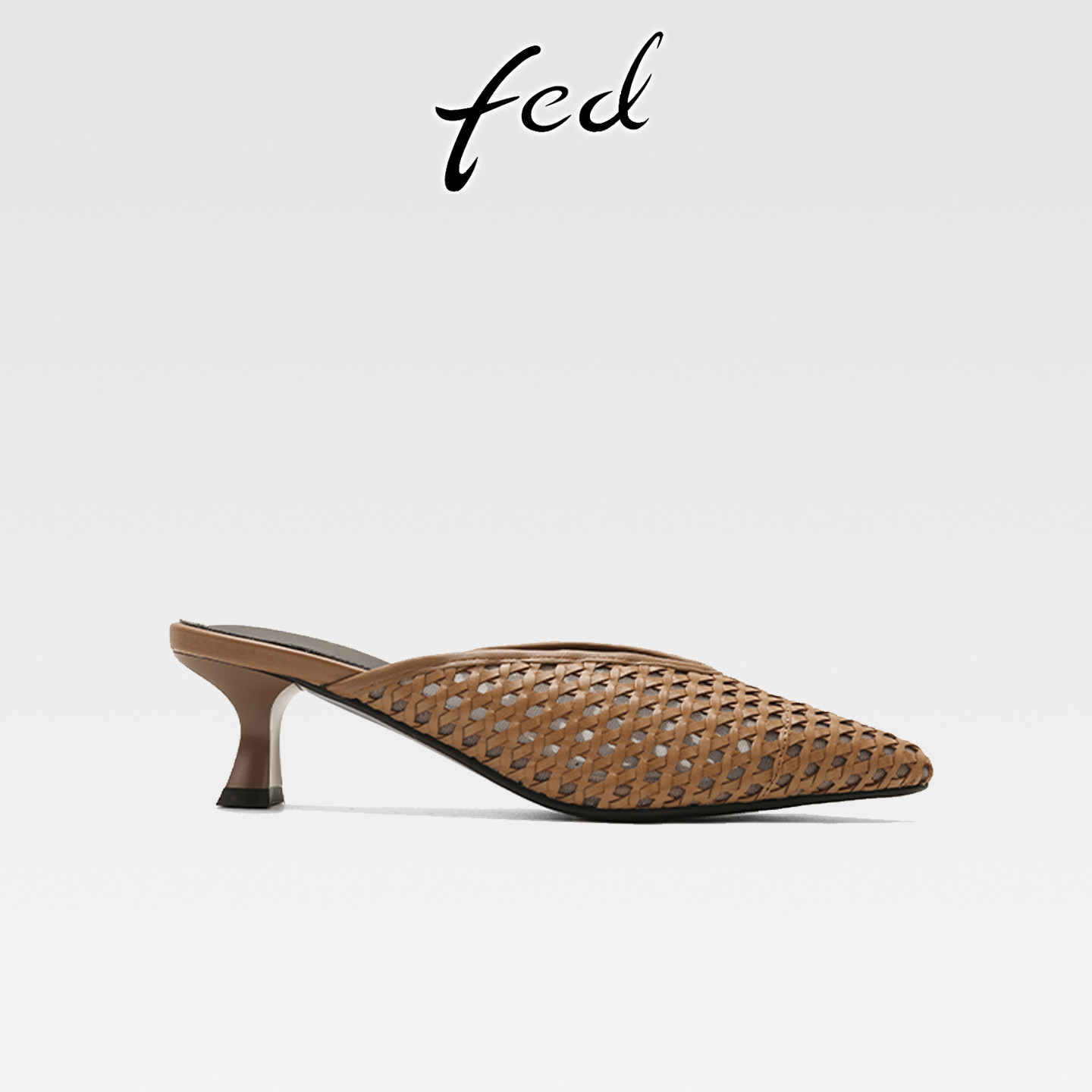 fed法式复古真皮粗跟包头半拖鞋女夏外穿一脚蹬镂空编织高跟凉拖