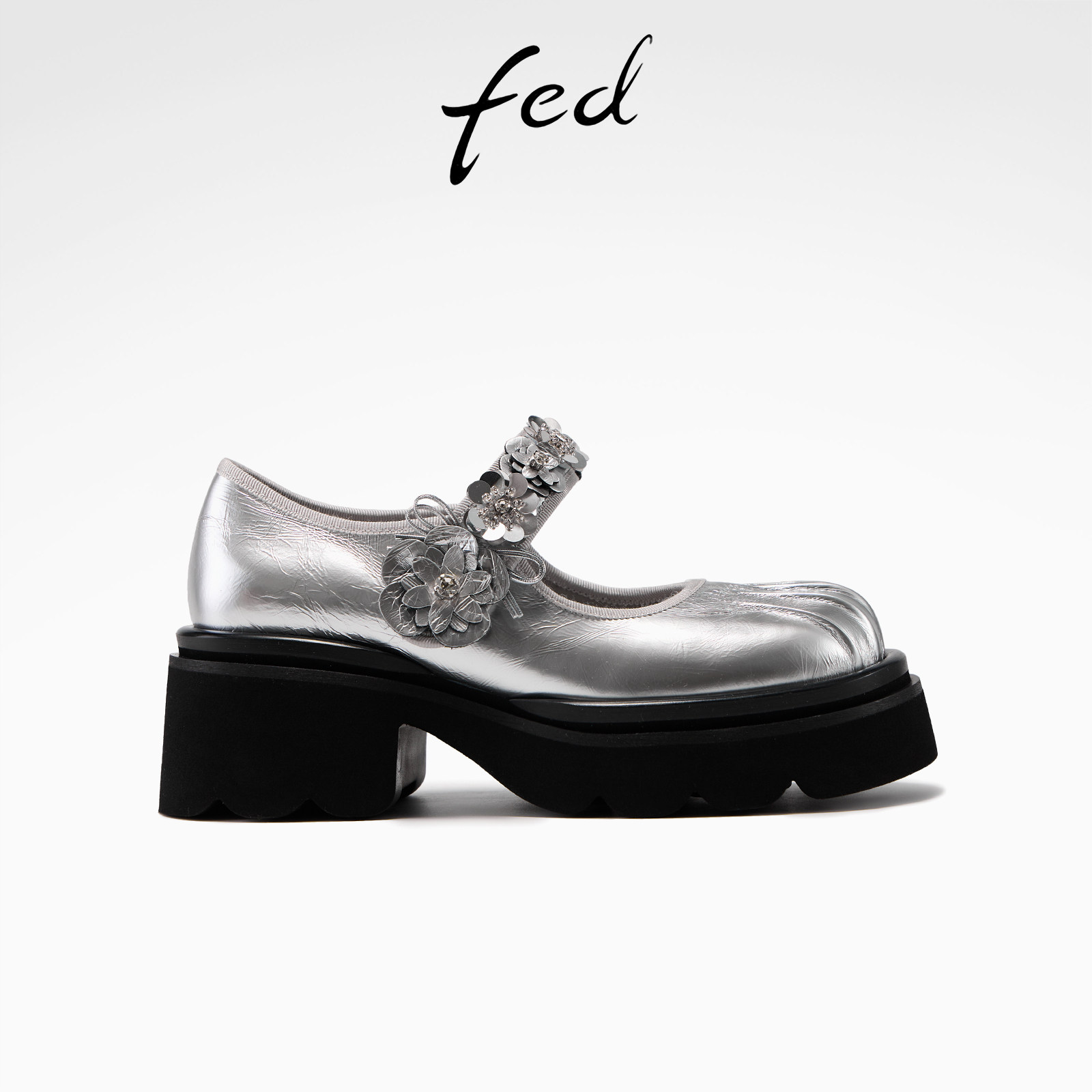 fed银色亮皮一字带玛丽珍鞋女
