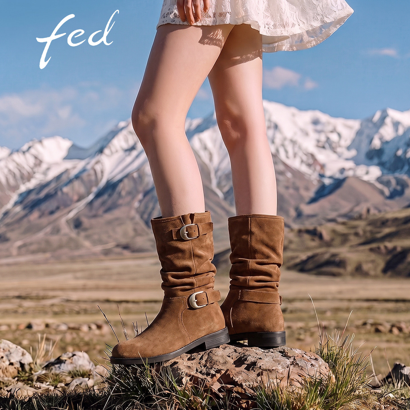 fed真皮绒面堆堆长筒粗跟女靴