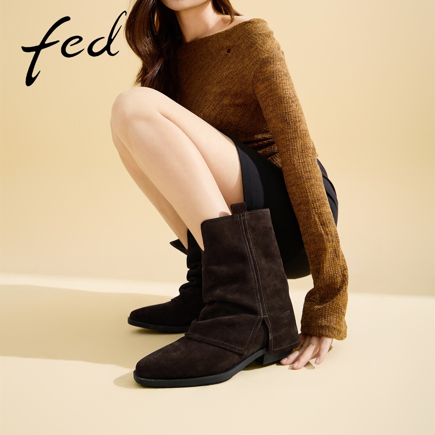 fed深棕绒面堆堆靴女尖头低跟